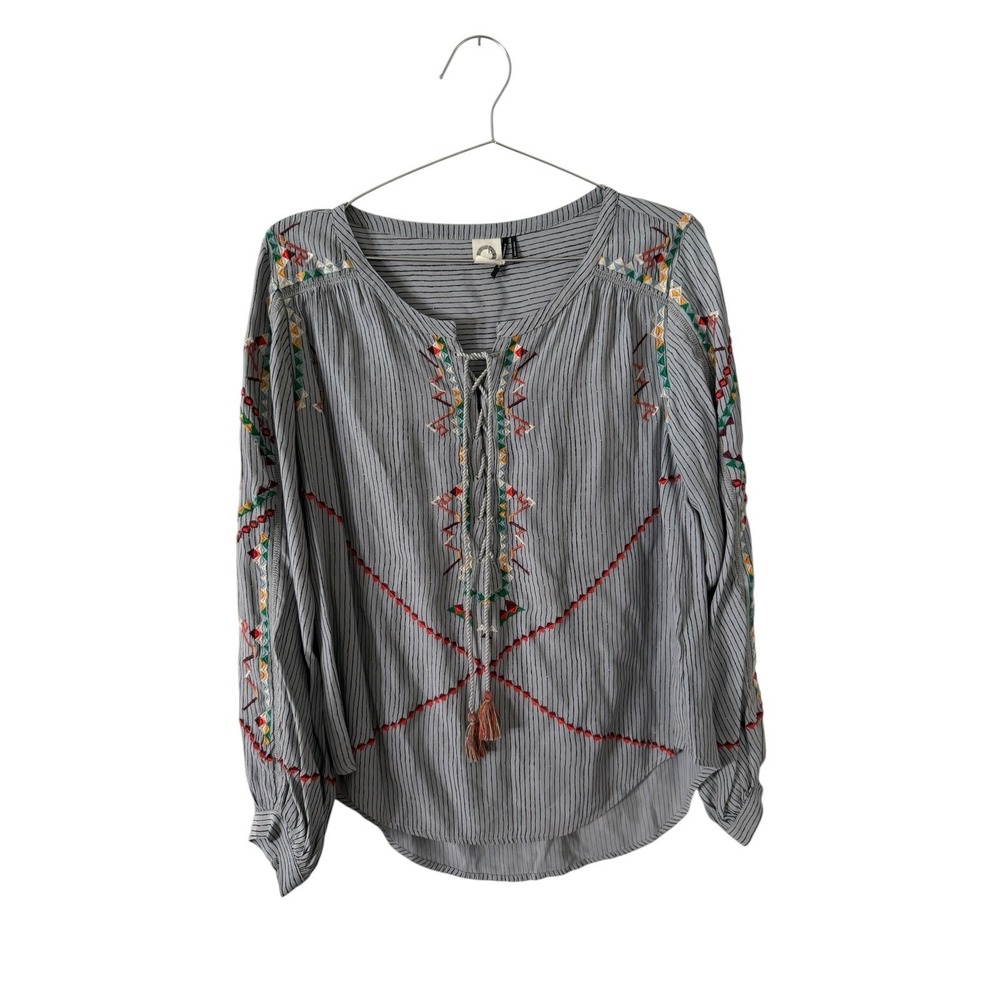 Anthropologie Akemi Kin Embroidered Boho Peasant L/S Top Medium Striped Blouse